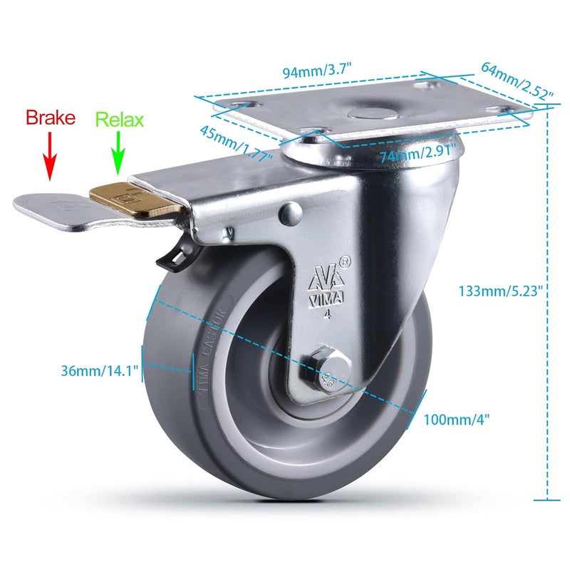 VIMA 4 Inch Castets Set of 4 Heavy Duty Caster Wheels with Brake 2200Lbs Swivel Rigid TPR Rubber Wheel Silent Castor Locking Industrial Plate Casters Wheels for Cart Furniture Workbench, 2 Fixed & 2 Brake - Image 2